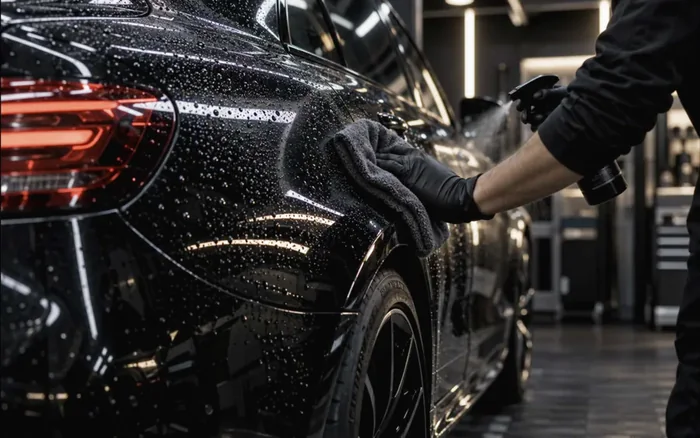 Detailer wiping down a beaded black car flank during a coat maintenance session in Singapore