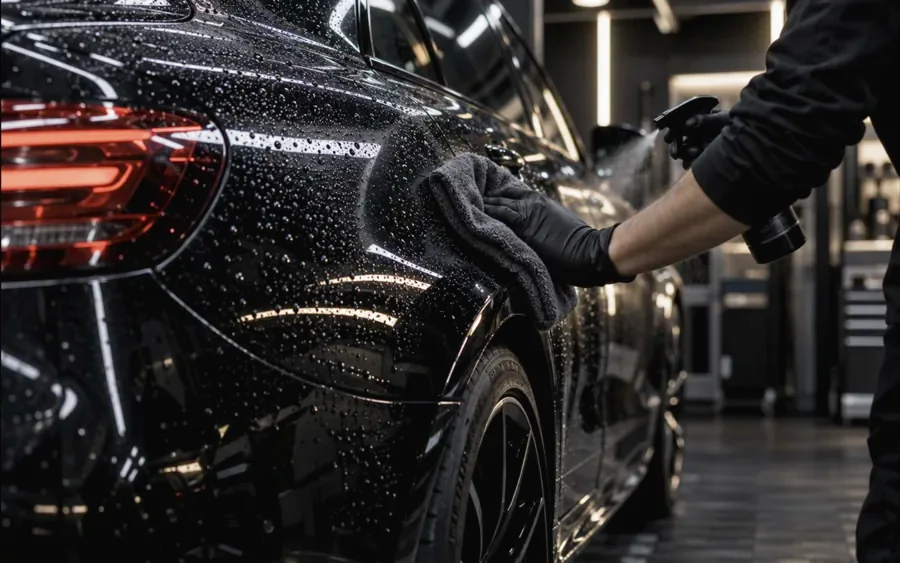 Detailer wiping down a beaded black car