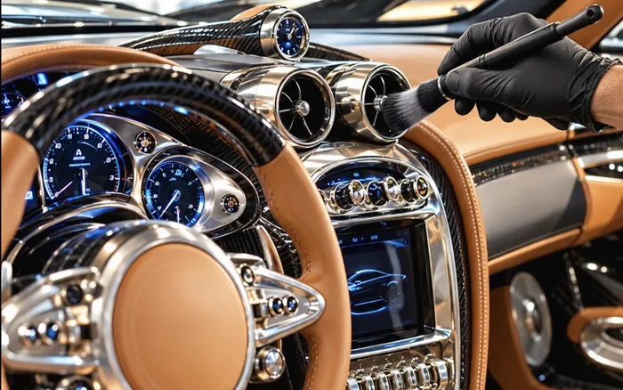 Gloved detailer brushing the dashboard of a tan leather supercar interior in Singapore