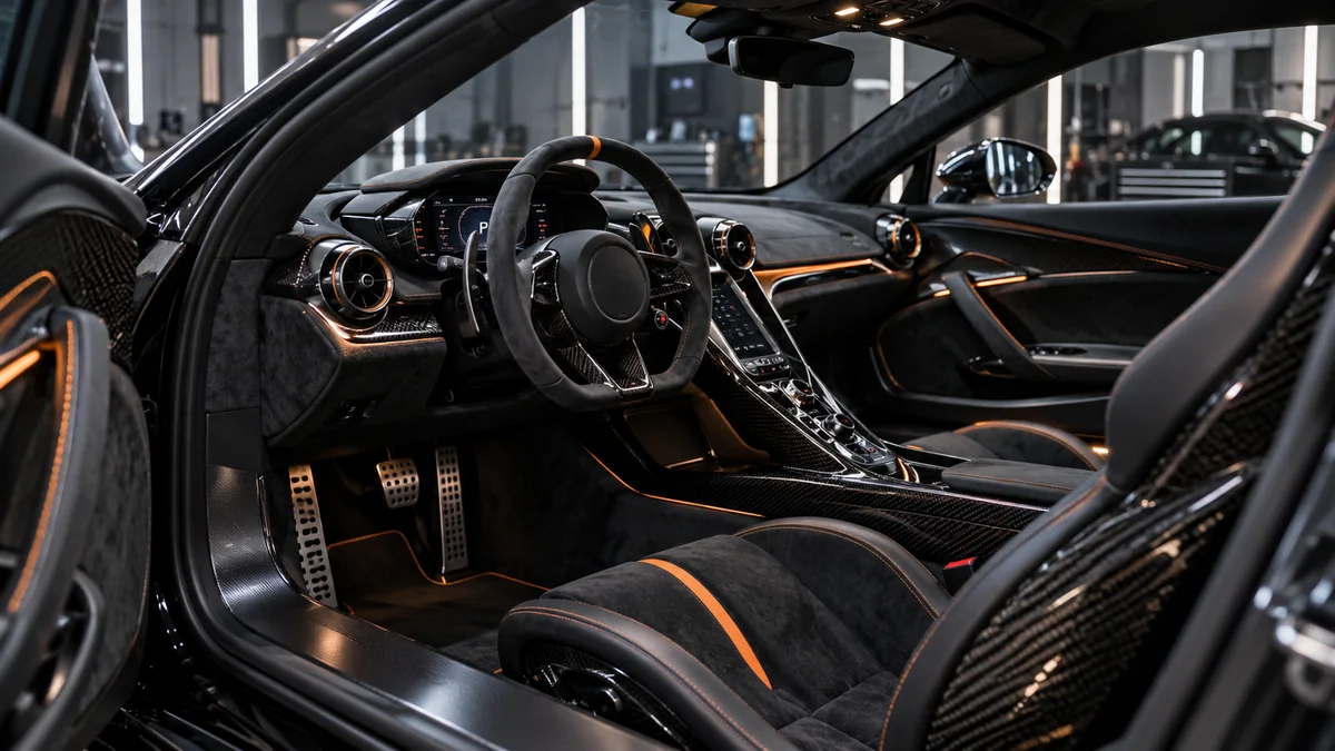 Supercar cabin in carbon fibre and black Alcantara with orange stitching