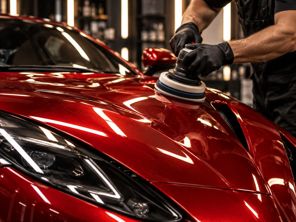 Dual-action polisher working across the bonnet of a red sports car