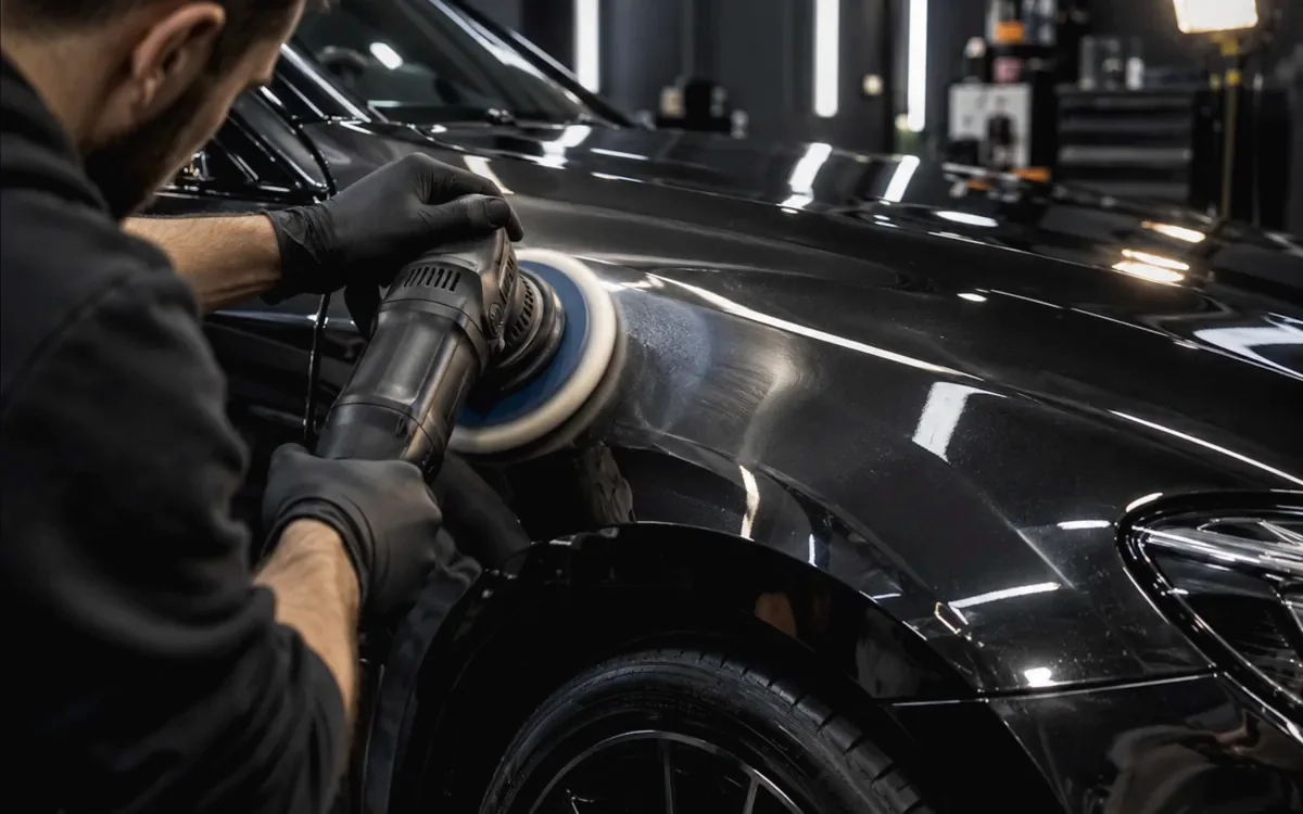 Detailer machine polishing the wing of a dark car