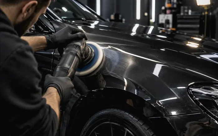 Detailer machine polishing the wing of a dark car in Singapore