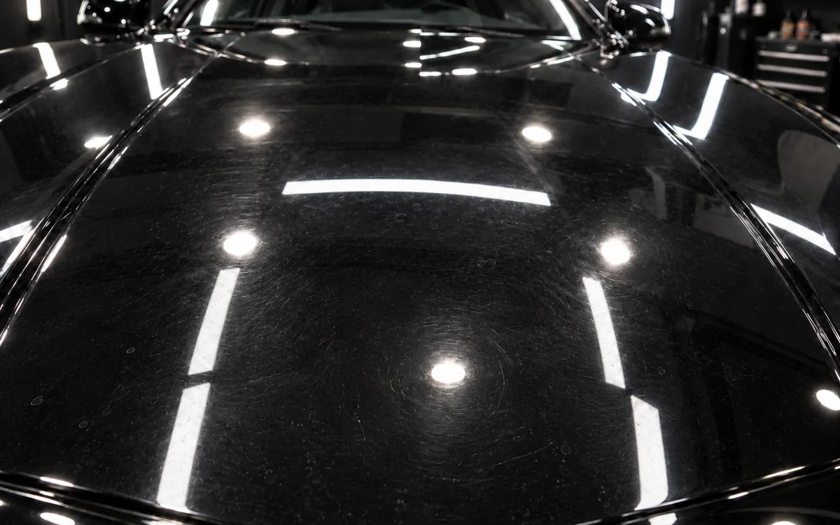 The same black bonnet before polishing, covered in circular swirl marks